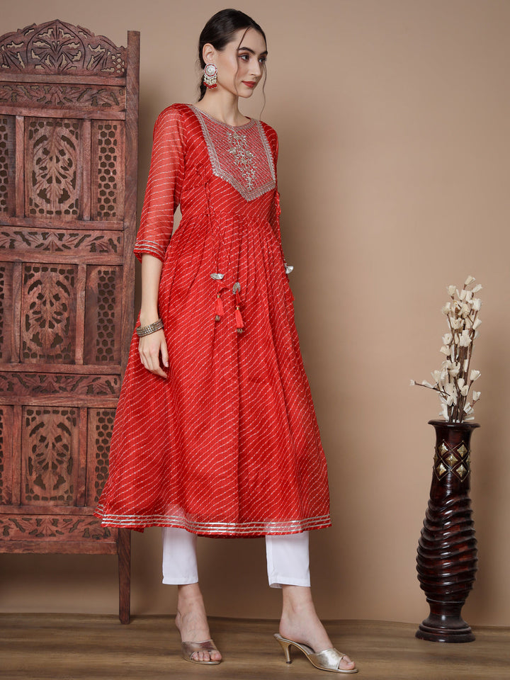 Women's Red Anarkali Kurta Myshka