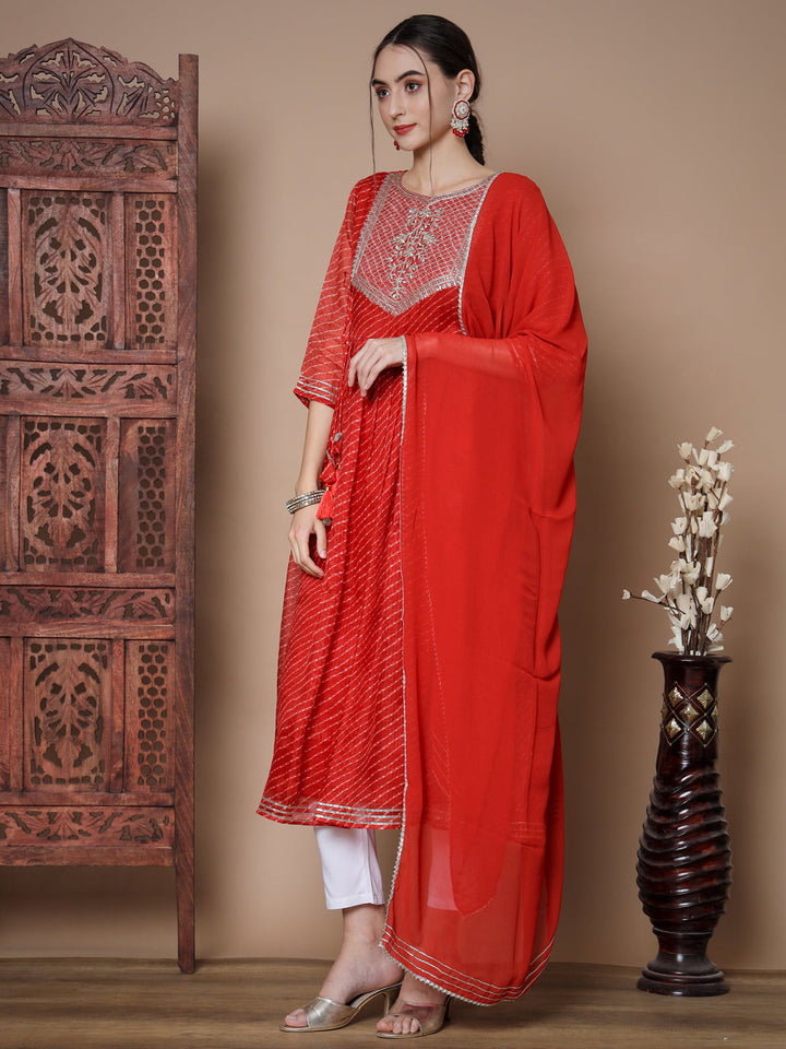 Women's Red Anarkali Kurta & With Dupatta Myshka
