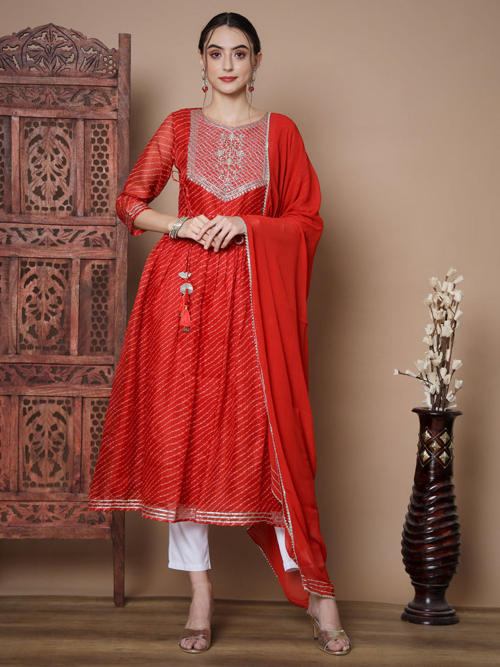 Women's Red Anarkali Kurta & With Dupatta Myshka